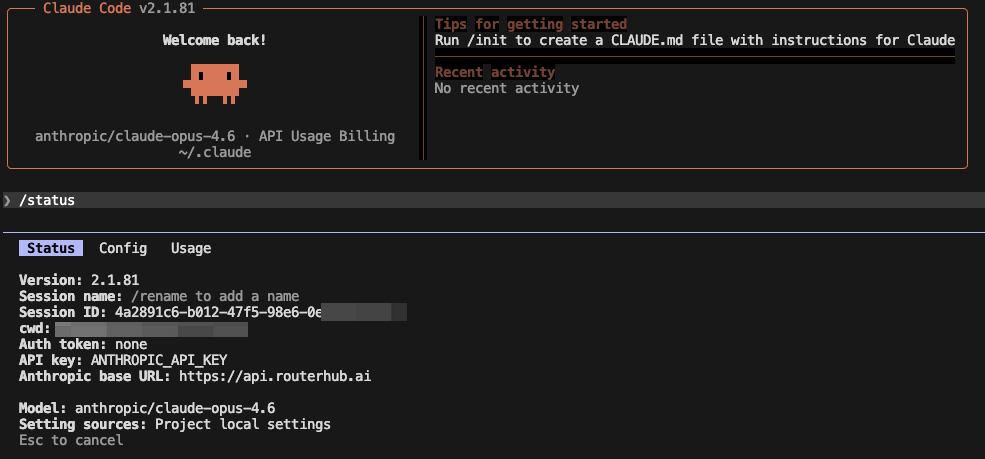 Claude Code /status output showing HeliosX configuration